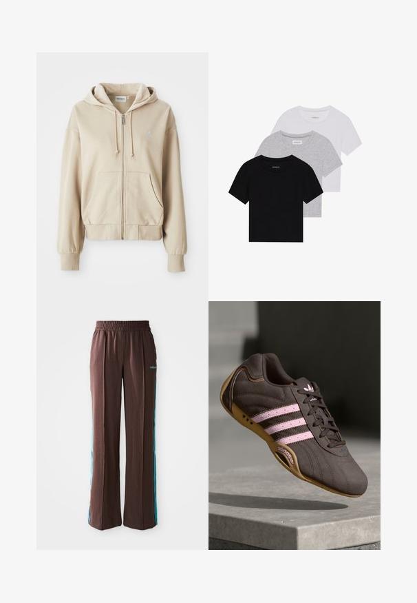 Béžová mikina na zips s kapucňou na šnúrku, klokankovými vreckami, rebrovanými manžetami a lemom a malým logom na ľavej hrudi. Mäkkučká textúra látky.; Sada troch tričiek s krátkym rukávom v čiernej, šedej a bielej farbe. Vyrobené z bavlny, s okrúhlym výstrihom a jednoduchým, jednofarebným dizajnom.; Hnedé športové nohavice s rebrovou textúrou, elastickým pásom a tyrkysovými bočnými pruhmi. Na prednej strane sa nachádza logo adidas.; Hnedé semišové športové topánky s ružovými pruhmi a logom, s textúrovaným vrchom, šnurovaním a gumovou podrážkou.