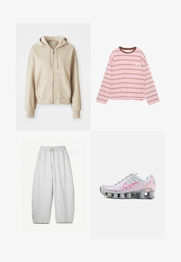 Beige színű, zipzáros kapucnis pulóver, húzózsinórral, kenguru zsebekkel, bordás mandzsettákkal és alsó résszel, valamint egy kis logóval a bal mellrészén. Puha anyagtextúra.; Hosszú ujjas rózsaszín póló barna vízszintes csíkokkal. Jellemzője egy barna kerek nyakkivágás és a mellkason található fehér szöveg: "NE HALASZD EL".; Világosszürke, laza fazonú melegítőnadrág, rugalmas derékpánttal, zsinórral és oldalsó zsebekkel; puha, texturált anyagból készült.; Fehér és világos rózsaszín Nike sportcipő. Hálós felsőrész jellemzi, valamint különleges ívelt talpa látható légpárnázással.