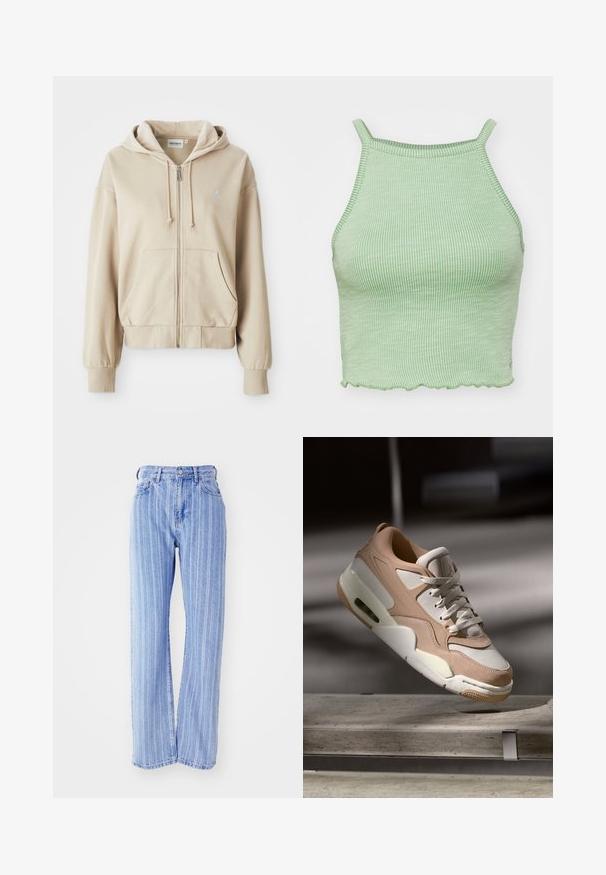 Hanorac crem cu fermoar, cu glugă ajustabilă, buzunare tip kangaroo, manșete și tiv cu țesătură în relief, și un mic logo pe partea stângă a pieptului. Textură moale a stofei.; Top verde cu dungi, scurt, cu bretele subțiri, având un tiv ondulat și un material texturat. Fără elemente de metal sau modele proeminente.; Jeans din denim de culoare albastru deschis, cu dungi albe verticale, talie înaltă, croi lejer, cinci buzunare și închidere cu buton.; Adidași bej și albaștri cu un finisaj din piele netedă și suede, având o limbă căptușită, un sistem de șireturi în față și o unitate de aer vizibilă.