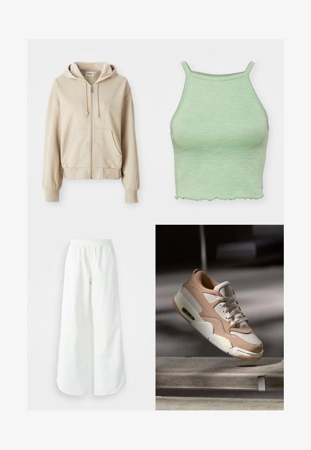 Beige zip-up hoodie met een trekkoord capuchon, kangoeroe zakken, ribbelmanchetten en -zoom, en een klein logo op de linkerborst. Zachte stoftextuur.; Groene geribbelde crop top met dunne bandjes, voorzien van een geschulpte zoom en een gestructureerde stof. Geen opvallende hardware of patronen.; Witte atletische broek met wijde pijpen, een geribde tailleband en subtiele logodetails. Soepele stof met een relaxte pasvorm en taps toelopende zoom.; Beige en witte sneaker met een gladde leren en suède afwerking, met een gevoerde tong, vetersluiting aan de voorkant en een zichtbare luchtkusseneenheid.