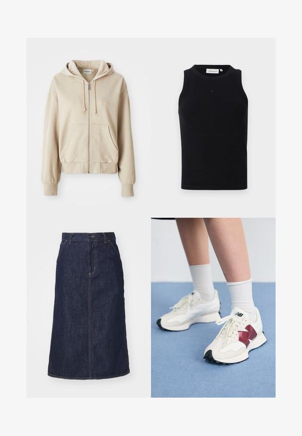Felpa beige con zip, cappuccio regolabile, tasche a marsupio, polsini e fondo a coste, e un piccolo logo sul lato sinistro del petto. Tessuto morbido.; Top senza maniche nero realizzato in tessuto ribbed, con scollatura rotonda e un piccolo logo sul davanti. Design semplice e aderente.; Gonna di jeans scuro con vita alta, taglio dritto, tasche frontali e cuciture a vista. Presenta una chiusura con zip e bottone in vita.; Paio di sneakers bianche con accenti bordeaux, pannelli testurizzati, suola piatta nera e lacci leggeri, indossati con calzini bianchi alla caviglia.