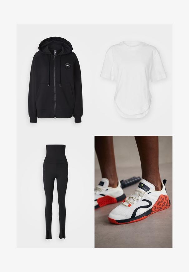 Sudadera con cremallera negra, capucha con cordón, bolsillos tipo canguro y un logo circular en el lado izquierdo del pecho. Tela suave y puños acanalados.; Camiseta de algodón blanca con cuello redondo, mangas cortas y dobladillo curvado. Textura suave sin patrones ni acentos.; adidas by Stella McCartney Leggings - black; Zapatillas deportivas blancas con un acento de estampado de leopardo negro y naranja. Cuentan con una parte superior de tela texturizada, suela de goma y sistema de cordones.