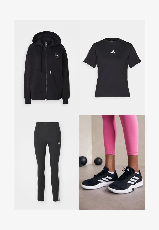 Fekete cipzáras kapucnis pulóver, húzózsinórral, kenguruzsebbel és kör alakú logóval a bal mellen. Puha anyag és bordázott mandzsetták.; Fekete, rövid ujjú póló puha anyagból. Fehér Adidas logóval és kontrasztos fehér csíkokkal az oldalin.; Fekete leggings rugalmas anyagból, fehér oldalsávokkal és egy kis fényvisszaverő logóval a bal felső oldalon.; Fekete sportcipők fehér csíkokkal, texturált hálós felsőrésszel és fehér talppal. Rózsaszín leggings-szel viselve, bemutatva az edzőruhákat.