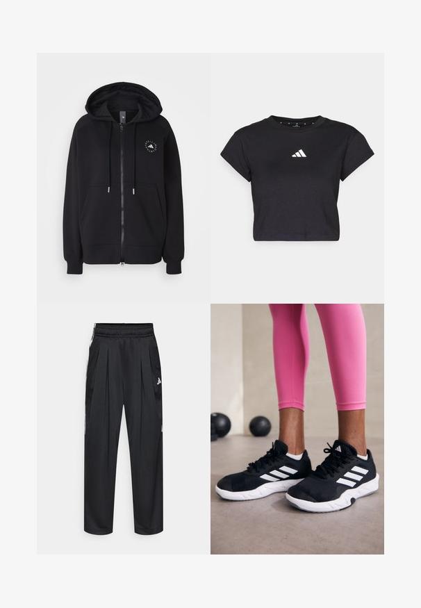 Melna kapuce ar rāvējslēdzēju, ar pielāgojamu kapuci, kangaļvieta un apļa logo kreisajā krūtī. Mīksta auduma un ribotas aproces.; Melns īsais krekls, kas izgatavots no kokvilnas, ar īsām piedurknēm un baltu Adidas logo uz krūšu daļas. Gluda tekstūra, apaļa izgriezuma. ; Melnas sporta bikses ar krokojumu, elastīgu jostasvietu un sānu svītrām. Izgatavotas no gludas auduma, ar baltu Adidas logotipu.; Melnas sporta kurpes ar baltām svītrām, teksturēta sieta augšdaļa un balta zole. Nēsātas ar rozā legingiem, demonstrējot treniņu apģērbu.