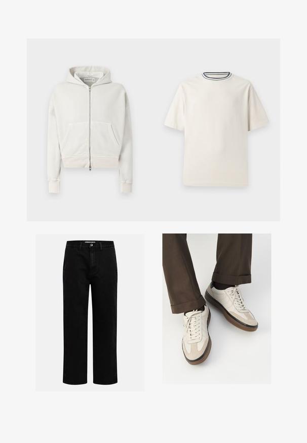 Svijetlosivi, skraćeni dukserici od mekanog pamuka. Ima prednji zip, dva prednja džepa, rebraste manšete i kapuljaču s vezicom.; Kremasta pamučna majica s kratkim rukavima, koja ima okrugli izrez naglašen mornarsko plavim i bijelim prugama. Glatka tekstura, ležeran kroj.; Crne traperice ravnog kroja s klasičnim dizajnom s pet džepova i kopčanjem na dugme u struku. Glatka tekstura i izdržljiv materijal.; Bež tenisice s teksturiranom nubuk prednjom stranom, glatkim kožnim bočnim stranama i smešnim gumenim potplatom. Uključene su vezice i lagani detalji šivanja.