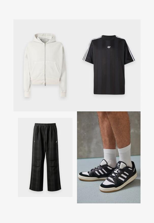 Lys grå, kort hoodie laget av myk bomull. Har glidelås foran, to frontlommer, rillede mansjetter og hetta med snøring.; Svart t-skjorte med kort erm og hvite tre-stripes detaljer på skuldrene og en liten hvit logo på brystet. Mjuk stofftekstur.; Svarte rutete bukser med elastisk midje, to frontlommer og løs passform med rett ben-design. Laget av lett materiale.; Sorte og hvite sneakers med overdel i semsket skinn og lær, med tre hvite striper, perforert tå og en såle av gummi.