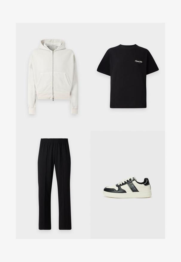 Hoodie court en coton doux de couleur gris clair. Caractéristiques : fermeture éclair à l'avant, deux poches avant, poignets côtelés et capuche avec cordon de serrage.; T-shirt en coton noir avec col rond, manches courtes et petit texte logo blanc sur la poitrine gauche. Conception simple, coupe classique.; Pantalons noirs à taille élastique avec une coupe droite, présentant une texture lisse et sans motifs ni éléments visibles.; Baskets en cuir avec un schéma de couleurs noir et crème, dotées d'accents perforés, d'un col rembourré et d'une semelle texturée.