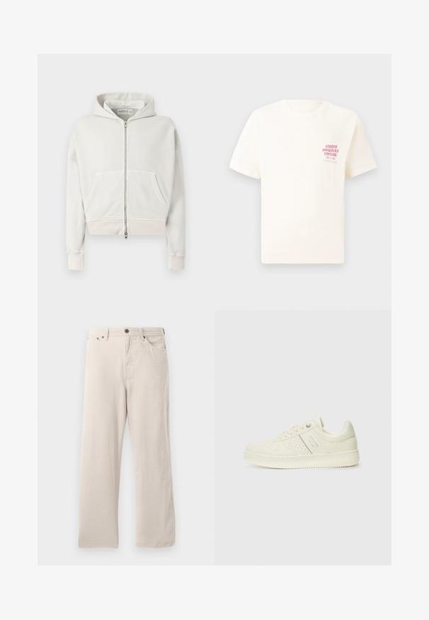 Hoodie cropped di colore grigio chiaro, realizzato in morbido cotone. Presenta una chiusura con zip sul davanti, due tasche frontali, polsini a coste e un cappuccio con coulisse.; T-shirt bianco a maniche corte con testo rosso "Studio Originals Edition" sul lato sinistro del petto, esposto su uno sfondo grigio neutro.; Pantaloni in corduroy beige con taglio dritto, caratterizzati da una trama a coste, design a cinque tasche e chiusura con bottone.; Sneaker color crema con dettagli perforati, lacci e logo sul lato, esposta su uno sfondo bianco semplice.