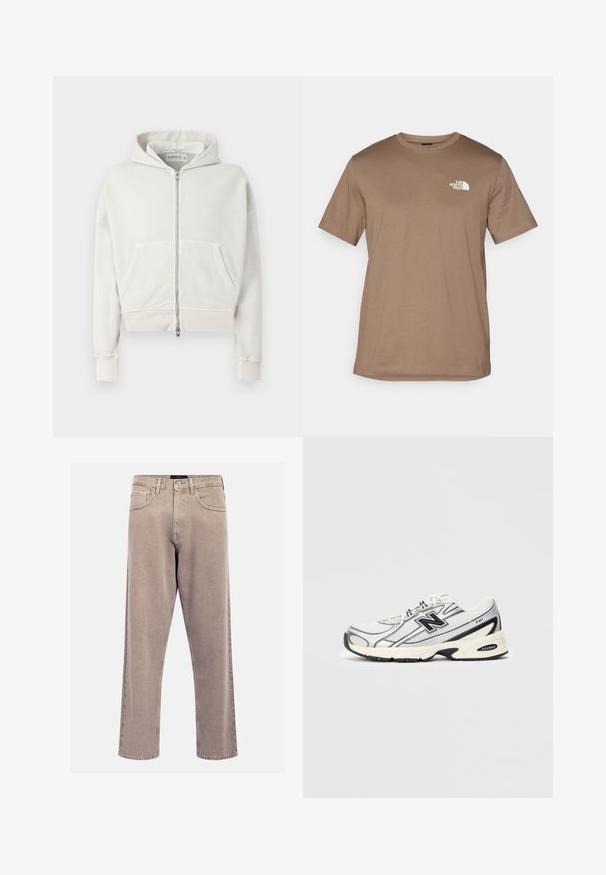 Hoodie court en coton doux de couleur gris clair. Caractéristiques : fermeture éclair à l'avant, deux poches avant, poignets côtelés et capuche avec cordon de serrage.; T-shirt marron à manches courtes en coton avec un col ras du cou côtelé. Présente un petit logo blanc sur le côté gauche de la poitrine.; Jeans beige à jambes droites en denim, avec un design classique à cinq poches, des accents cousus et une finition d'ourlet propre.; Baskets de sport blanches et grises avec un logo "N" noir, tige en maille, semelle rembourrée et design à lacets, présentées sur un fond gris clair uni.