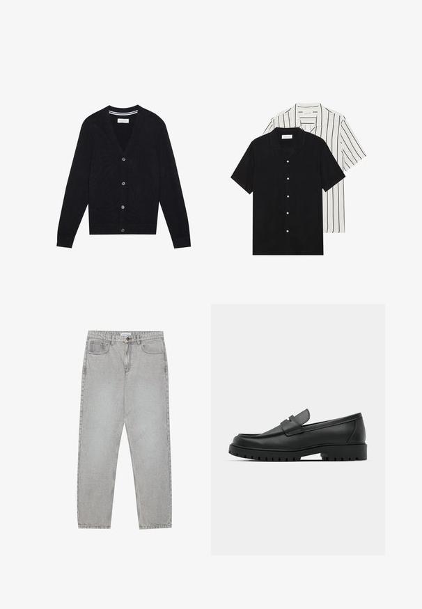 Črn cardigan z V-izrezom, dolgimi rokavi in petimi gumbi. Ima rebraste manšete in pas, pleteno teksturo ter subtilen trak znotraj ovratnika.; Dve majice s kratkimi rokavi: ena enobarvna črna, druga bela z črnimi navpičnimi črtami. Obe imata gumbaste zapenke in klasičen ovratnik.; Svetlo sivi traper hlače s ravnim krojem, pet žepov in gumbom za zapiranje. Vidno šivanje ob šivih.; Črne usnjene loafers čevlje z zaobljenim nosom, ki imajo šivano zasnovo, nizko platformo in teksturiran, profiliran gumijast podplat.