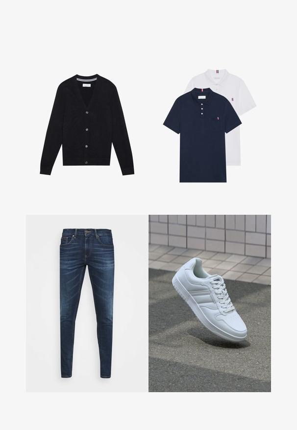 Crna kardigan jakna s V-izrezom, dugim rukavima i pet gumba. Ima rebraste manžete i struk, pleteni uzorak i suptilni detalj pruga unutar ovratnika.; Dva polo majice: jedna tamnoplava i jedna bijela, obje s malim crveno-bijelim-plavim naglaskom na džepu i ovratniku.; Tamno plave traperice uskog kroja, s blagim izbljeđivanjem, pet džepova i metalnim zatvaranjem na dugme. Šivani detalji u kontrastnoj boji.; Bijela atletska tenisica s glatkim kožnim gornjim dijelom, vezanjem sprijeda, perforiranim vrhom i uzorkovanim đonom. Minimalistički dizajn s tri bočne pruge.