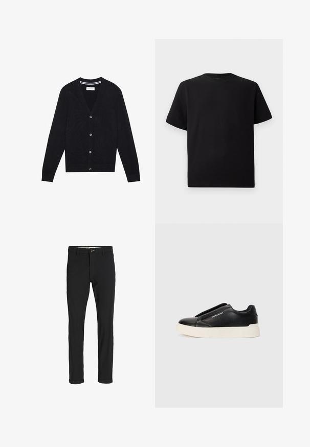 Black cardigan with a v-neck, long sleeves, and five button closures. Features ribbed cuffs and waistband, knit texture, and subtle stripe detail inside the collar.; Black short-sleeve T-shirt made of textured fabric, featuring a round neckline and a relaxed fit. Simple, no patterns or accents.; Black cotton blend pants with a slim fit, featuring a button closure, pockets, and rolled cuffs for a casual finish.; Black slip-on sneaker with textured leather upper, white rubber sole, and no visible laces. Features brand logo on the side.