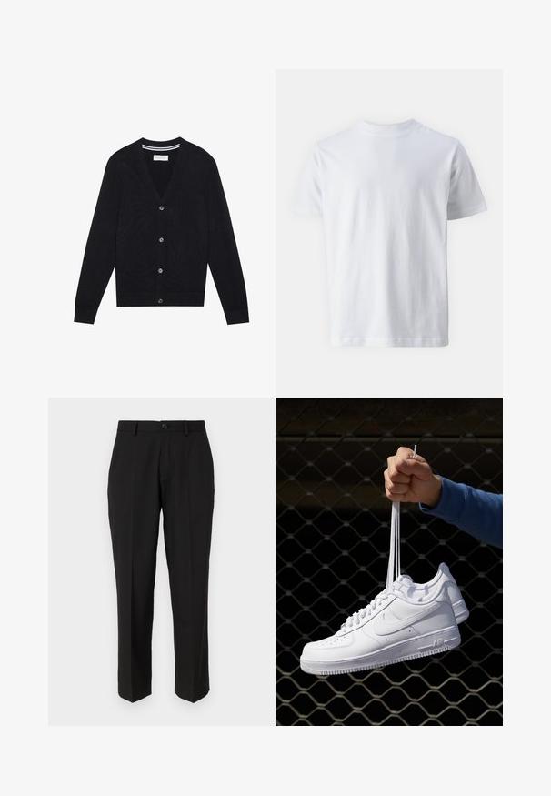 Zwarte cardigan met een V-hals, lange mouwen en vijf knoopsluitingen. Bevat ribgebreide manchetten en tailleband, gebreide textuur en een subtiele streepdetailed binnen de kraag.; Witte korte mouwen t-shirt van katoen, met een ronde hals en een zachte textuur, met een rechte snit en zonder patronen.; Zwarte broeken van soepele stof, met een rechte pijpconstructie, vo pockets, een enkele knoopsluiting en geen zichtbare patronen.; Witte leren sneakers met perforaties, ronde neus, vlakke zool en dikke veters, met een zichtbare swoosh-logo en "AIR" op de hiel.