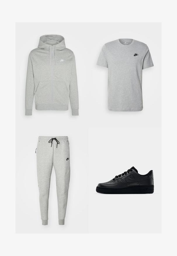 Fleece cinzento com fecho éclair, feito de um tecido suave. Apresenta um bolso frontal, capuz com cordão e um pequeno logótipo branco da Nike no peito.; T-shirt cinza de manga curta em algodão, com um logo preto da Nike no peito e um decote redondo. Design minimalista sem padrões.; Calças de moletão cinzentas com uma textura suave, cintura elástica, cordão preto ajustável, dois bolsos laterais e um pequeno logotipo preto.; Sapatilha Nike Air Force 1 preta com parte superior em couro liso, bico perfurado para respirabilidade, atacadores pretos e sola de borracha texturizada.