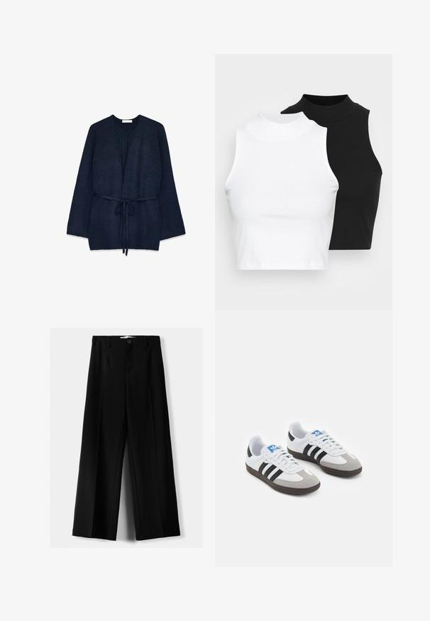 Navyblauw, gebreid vest met een strik in de taille, open voorkant en lange mouwen. Zachte textuur en minimalistisch ontwerp, zonder sluitingen.; Twee mouwloze ribgebreide coltruien in zwart en wit, met een slim fit ontwerp en een gladde textuur, met een cropped lengte.; Zwarte wijde broek van lichtgewicht stof, met een knoopsluiting aan de voorkant en een vlakke achterkant, afgewerkt met keurig gestikte zoom.; Sportschoenen met een witte leren bovenkant, grijze suède neus en drie zwarte strepen. Bevat een blauw logo op de tong en een gestructureerde rubberen zool.