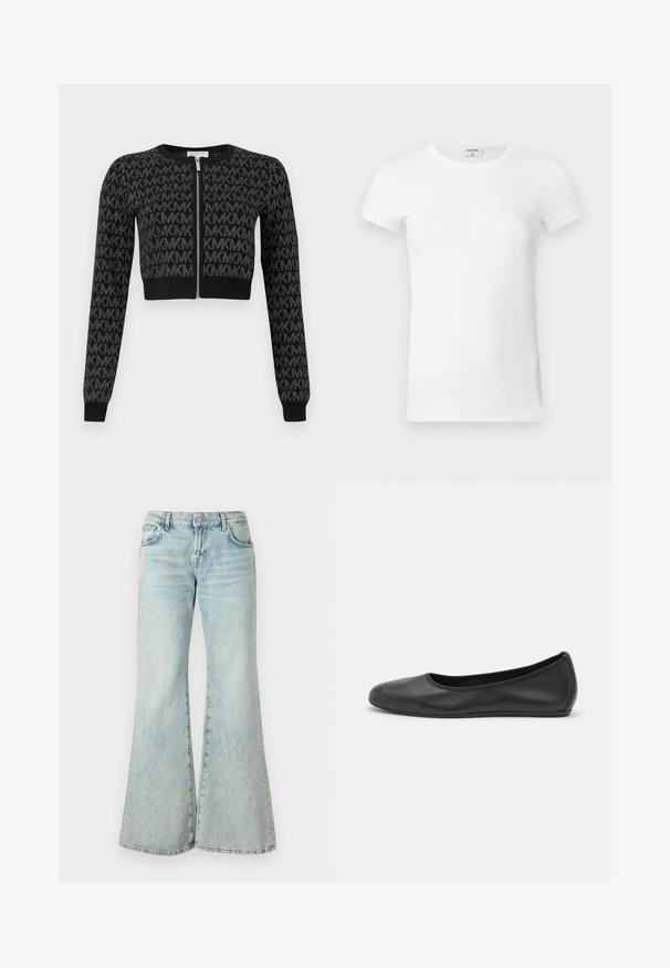 Schwarzer, kurz geschnittener Cardigan mit Reißverschluss vorne, mit einem strukturierten Muster aus wiederkehrenden Buchstaben und langen Ärmeln mit gerippten Bündchen.; Weißes geripptes T-Shirt mit kurzen Ärmeln und Rundhalsausschnitt. Der Stoff wirkt glatt und hat eine figurbetonte Silhouette. Markenlabel am Kragen sichtbar.; Hellblaue Schlagjeans aus Denim, mit hoher Taille, Taschen und ausgefransten Säumen. Der Stoff hat eine verblasste Waschung und eine subtile Textur.; Schwarze Leder-Ballettschuhe mit abgerundeter Spitze, glatter Textur, minimalen Nähdetails und einem flexiblen Sohlen-Design.