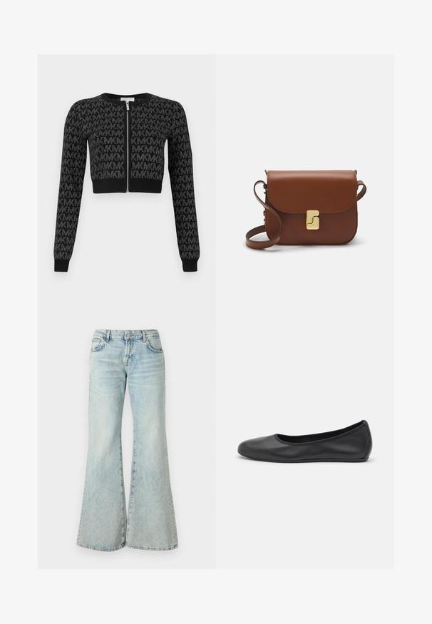 Black cropped cardigan with a zip front, featuring a textured pattern of repeating letters and long sleeves with ribbed cuffs.; White ribbed short-sleeve T-shirt with a crew neck. The fabric appears smooth with a fitted silhouette. Branding label visible at the collar.; Light blue flared jeans made from denim, featuring a high waist, pockets, and frayed hems. The fabric displays a faded wash and subtle texture.; Black leather ballet flat with a rounded toe, smooth texture, minimal stitching detail, and a flexible sole design.; Brown leather handbag with a flap closure, gold-tone hardware, a shoulder strap, and a smooth texture. Compact rectangular shape.