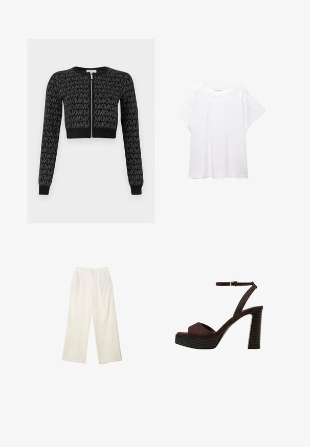 Black cropped cardigan with a zip front, featuring a textured pattern of repeating letters and long sleeves with ribbed cuffs.; White T-shirt made of soft, lightweight fabric. Features a round neckline and short, wide sleeves with a relaxed fit. No visible patterns.; Wide-leg trousers in cream fabric with a smooth texture, featuring a single front button, subtle pleats, and a high waist design.; Brown suede high-heeled sandal with an open toe, adjustable ankle strap, and a striped platform sole.