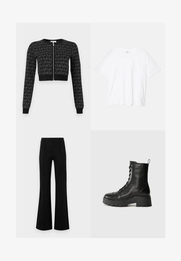 Melnas īsas džemperis ar rāvējslēdzēju priekšpusē, ko rotā atkārtotu burtu teksturēts raksts un garām piedurknēm ar ribotu aproci.; Balta kokvilnas T-krekls ar īsām piedurknēm, apaļu dekoltē, brīva piegriezuma un šūtu apakšmalu. Etiķete redzama iekšējā kakla daļā.; Melnas platas bikses ar augsto jostasvietu, izgatavotas no elastīga auduma. Satur vertikālas šuvju detaļas priekšpusē un gludu tekstūru.; Melna ādas potīšu zābaks ar apaļu purngalu, masīvu gumijas zoli un metāla acīm. Iezīmē veļamās dizains un cilpas aizmugurē.