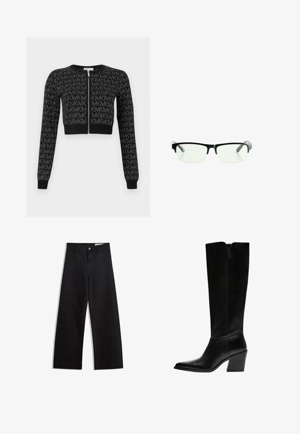 Črn kratki kardigan z zadrgo spredaj, z vzorcem teksturiranih ponavljajočih se črk ter dolgimi rokavi z rebrastimi manšetami.; Metalna siva predpasnica z gladko teksturo, ki ima krožno otvoritev za vrat in ravno spodnjo rob. Preprost dizajn z nastavljivim trakom.; Črne široke denim hlače z visokim pasom, ki imajo sprednje in zadnje žepe, šivane šive ter gumbasto zapiranje. Gladka tekstura.; Črne gležnjarje do kolen iz gladkega usnja, z ostrim nosom, blokinim peto in V-oblikovanim izrezom na vrhu.; Črne pravokotne očala z prozornimi lečami, ki imajo elegantne črne okvirje in siva prozorna ročaja. Minimalistična zasnova, brez vidne blagovne znamke.