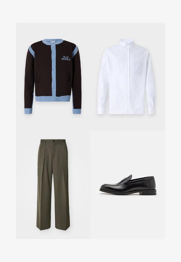 Černý cardigan s světle modrými akcenty, se zapínáním na knoflíky a kapsami. Na hrudi je vyšívané logo "BLUE MARBLE" v modré barvě.; Bílá dlouhá košile s knoflíky vyrobená z bavlny, která má náprsní kapsu s tónovanou výšivkou, límec a knoflíkové manžety.; Filippa K WIDE TROUSERS - Kalhoty - driftwood; Černé kožené polobotky s hladkou texturou, zaoblenou špičkou a zdobným páskem přes nárt. Nízký stohovaný podpatek, minimalistický design.