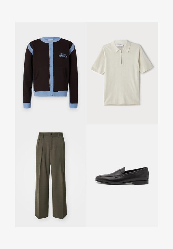 Cardigã preto com detalhes em azul claro, apresentando uma frente com botões e bolsos. O logótipo "BLUE MARBLE" está bordado em azul no peito.; Polo de manga curta em bege claro com colarinho com fecho. Feito de um tecido suave, apresenta um design simples e moderno, sem padrões.; Filippa K WIDE TROUSERS - Calças - driftwood; Sapatilha masculina em couro preto, com salto baixo e um design clássico com tira de moeda, apresentada em perfil lateral sobre um fundo branco.