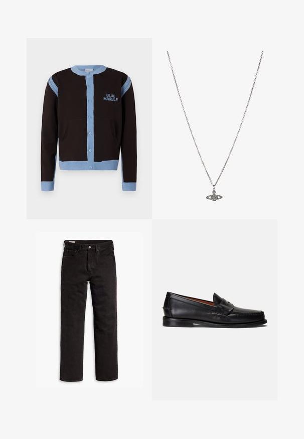 Μαύρη ζακέτα με ανοιχτό μπλε λεπτομέρειες, με κουμπιά μπροστά και τσέπες. Το λογότυπο "BLUE MARBLE" είναι κεντημένο σε μπλε στο στήθος.; Λευκό μπλουζάκι μακρυμάνικο από μαλακό βαμβάκι. Στρογγυλή λαιμόκοψη με ευθεία τελική ραφή και χωρίς ορατά σχέδια ή γραφικά.; Μαύρα τζιν παντελόνια σε ευθεία γραμμή με πέντε τσέπες, κουμπί κλεισίματος και θηλιές ζώνης, απλωμένα σε λευκό φόντο.; Μαύρα δερμάτινα μοκασίνια με λεία υφή, στρογγυλερή μύτη και διακοσμητική λωρίδα πάνω από το επάνω μέρος. Διαθέτουν μαύρη χαμηλή σόλα.; Ασημένια αλυσίδα με κολιέ που διαθέτει μια λεπτομερή εκλεπτυσμένη πένα σε σχήμα πλανήτη, διακοσμημένη με μικρές λεπτομέρειες και περίπλοκα σχέδια.
