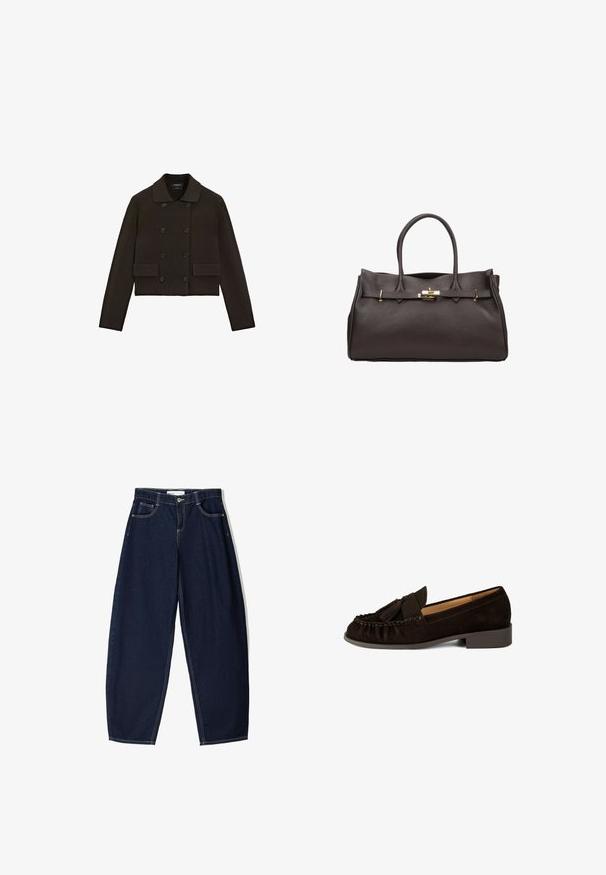 Ciemnobrązowy skrócony kardigan z prążkowanym wykończeniem, podwójnym zapięciem z przodu, dużymi czarnymi guzikami i dwoma kieszeniami naszytymi. Gładka dzianinowa struktura.; Jasnoniebieska koszula z długim rękawem i kołnierzykiem mandaryńskim, z zapięciem na guziki z przodu oraz gładką bawełnianą fakturą. Prosty design, bez wzorów czy akcentów.; Granatowe dżinsowe spodnie o luźnym kroju, z pięcioma kieszeniami, kontrastowym przeszyciem i zamkiem błyskawicznym z przodu.; Brązowe zamszowe loafersy z zaokrąglonym noskiem, plisowanymi detalami i małym akcentem w postaci frędzelka. Posiadają niski, nieco podwyższony obcas.; ESTRO WŁOSKIEJ ciemnobrązowy