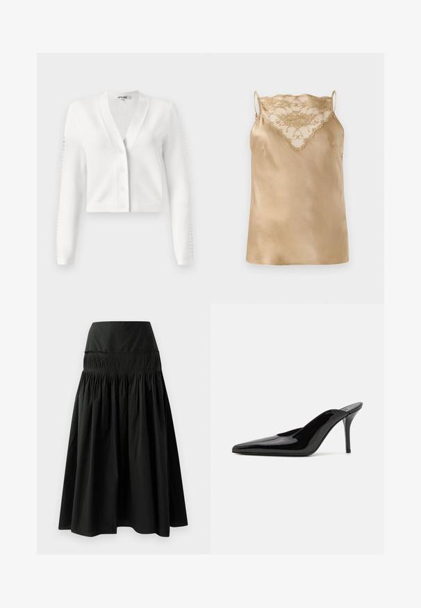 Bela skrajšana kardigan z V-izrezom, sprednjim gumbom in rebrastimi rokavi z luknjicami. Mehka tkanina z gladko teksturo.; Satenasta majica v bež barvi z čipkastim detajlom na izrezu, z tanjšimi nastavljivimi naramnicami in gladko, sijočo teksturo.; Črna krila do kolen, izdelana iz gladkega blaga, z oblikovanim pasom in nabranim dizajnom za polnost.; Črne patentirane čevlje s peto, z usko silhueto in koničastim nosom, z odprtim hrbtom in vitko stiletto peto.