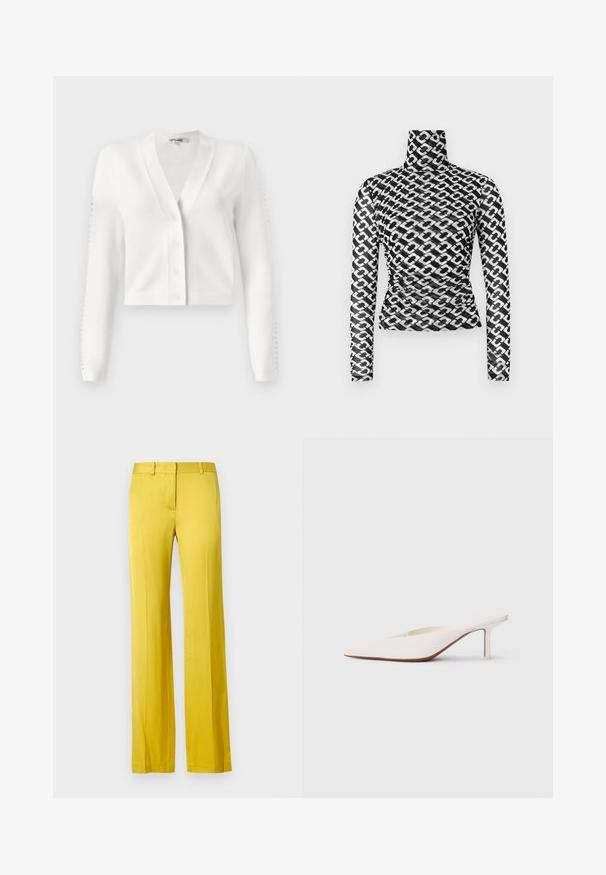 Biely skrátený kardigán s V-výstrihom, zapínaním na gombíky a rebrovanými rukávmi s dierkovaným detailom. Mäkkučký materiál s hladkou textúrou.; Tričko s dlhým rukávom a rolákom z priehľadnej čiernej látky s opakujúcim sa bielym vzorom reťaze. Priliehavý strih s jemným zdobením sťahovaním v oblasti pásu.; Nohavice širokého strihu v jasnej žltej farbe, vyrobené z hladkej látky. Majú predný vrecko a upravený pás pre štruktúrovaný vzhľad.; Biele muly s ostrou špičkou a nízkym stiletto podpätkom. Vyrobené z hladkého materiálu s minimalistickým dizajnom a jemným detailom na tanovej podrážke.