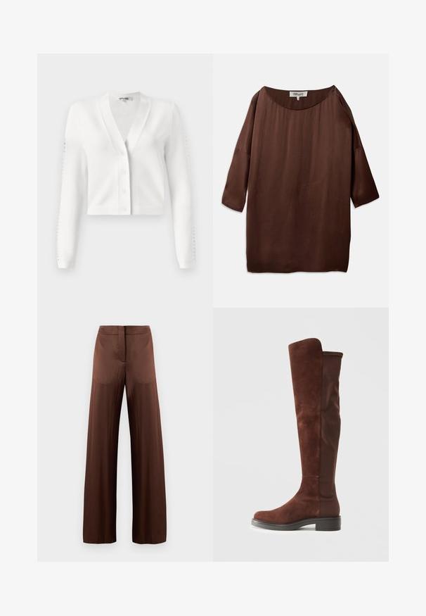 Cardigã cropped branco com decote em V, fechamento frontal por botões e mangas com detalhe em ribete. Tecido macio com uma textura suave.; Blusa castanha, larga e solta, com um amplo decote à barco e mangas três quartos, feita de um tecido liso e texturizado. O topo apresenta rugas subtis.; Calças largas castanhas feitas de um tecido leve e suave, apresentando uma frente plana, sem bolsos e uma silhueta reta.; Bota alta em camurça marrom e tecido, com salto baixo preto e bico arredondado, apresentada em vista lateral sobre fundo branco liso.