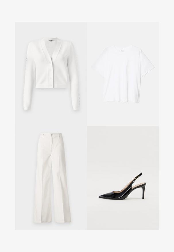 Cardigã cropped branco com decote em V, fechamento frontal por botões e mangas com detalhe em ribete. Tecido macio com uma textura suave.; T-shirt de algodão branco com mangas curtas, decote redondo, corte descontraído e bainha cosida. Etiqueta visível no interior do pescoço.; Calças largas brancas feitas de algodão com uma textura suave. Apresenta um botão frontal, fecho de correr e um design de quatro bolsos.; Sandal com salto em verniz preto, bico fino, salto esguio e um design de recorte subtil. Apresenta uma fivela dourada na alça.