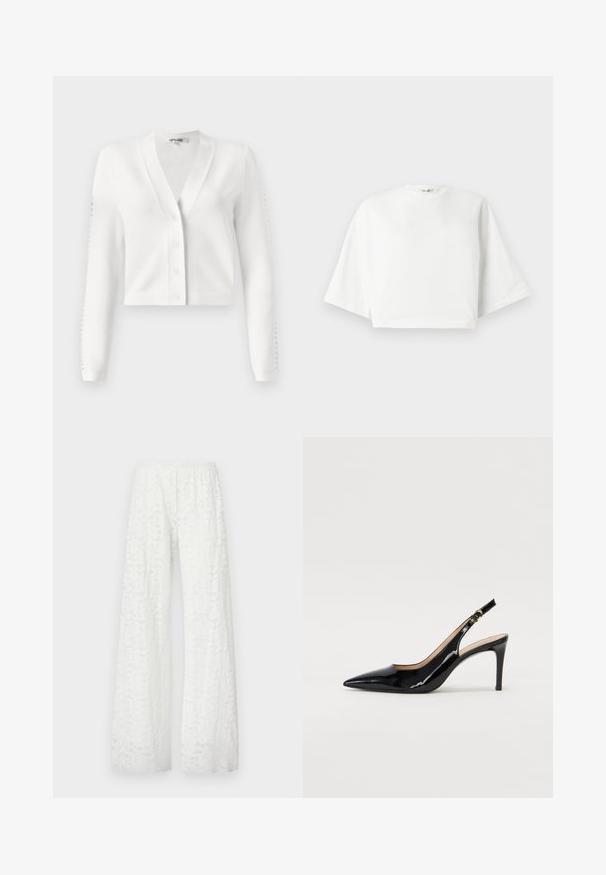 Cardigã cropped branco com decote em V, fechamento frontal por botões e mangas com detalhe em ribete. Tecido macio com uma textura suave.; Camiseta branca cropped com ajuste relaxado, mangas curtas largas, decote redondo e fendas laterais, feita de material de algodão macio.; Calças largas brancas com um cós elástico, apresentando um padrão de renda floral texturizada por todo o tecido.; Sandal com salto em verniz preto, bico fino, salto esguio e um design de recorte subtil. Apresenta uma fivela dourada na alça.