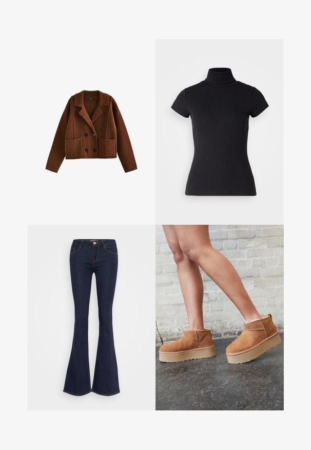 Next SMART COLLARED - Cardigan - brown rust; Maglietta nera a maniche corte con collo alto realizzata in tessuto a costine, caratterizzata da una vestibilità slim e un design con colletto alto. Motivo semplice e strutturato.; Jeans a campana in denim scuro con vita aderente, caratterizzati da una chiusura frontale con bottone, design a cinque tasche e dettagli di cucitura lungo le gambe.; Stivali alla caviglia in suede marrone con una fodera morbida, suola platform spessa beige e un'asola posteriore. Superficie testurizzata con dettagli di cucitura ben visibili.