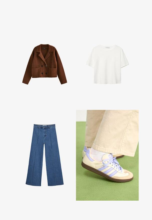 Next SMART COLLARED - Strickjacke - brown rust; Weißes T-Shirt mit kurzen Ärmeln aus Baumwolle. Hat einen Rundhalsausschnitt und eine lockere Passform. Glatte Textur ohne sichtbare Muster oder Akzente.; Weite Jeans aus Denim in Mittelblau, mit hoher Taille, Knopfverschluss und kontrastierenden vertikalen Nahtdetails an der Vorderseite.; Cremefarbene und lavendelfarbene Sneakers mit drei Streifen und einer strukturierten braunen Sohle, ausgestattet mit Schnürsenkeln und einer gepolsterten Ferse. Obermaterial aus weichem Stoff.