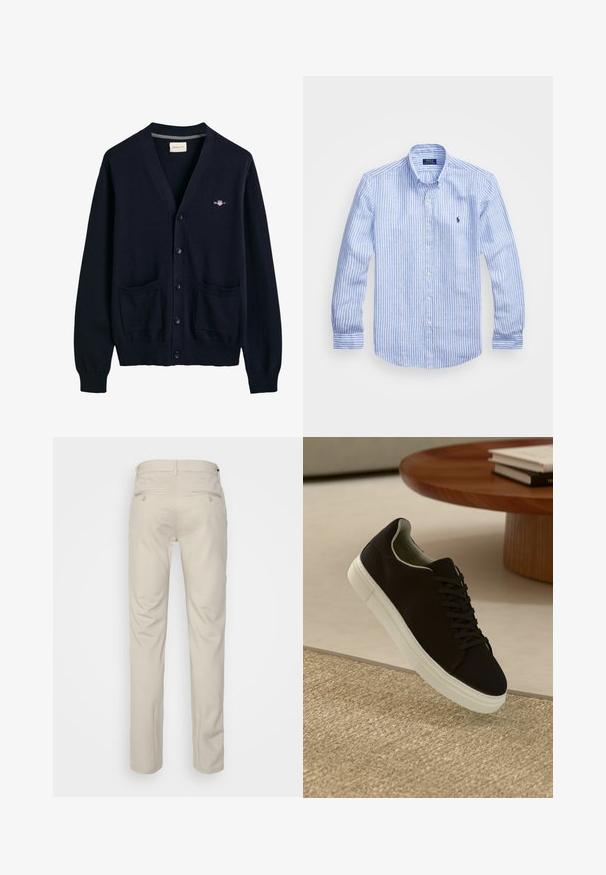 Cardigan blu navy realizzato in morbido tessuto, caratterizzato da scollatura a V, chiusura con bottoni sul davanti, due tasche frontali e un piccolo logo sul petto.; Camicia a maniche lunghe a righe bianche e blu in cotone, con colletto button-down, bottoni frontali e un piccolo logo ricamato sul petto.; Pantaloni beige con una texture liscia, taglio dritto, due tasche posteriori con bottoni e vita standard.; Sneaker nero con suola bianca che flotta sopra un tappeto beige testurizzato vicino a un tavolo rotondo in legno con libri impilati.