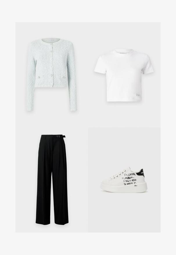 Light blue cropped cardigan made of textured fabric, featuring long sleeves, a round neckline, and five buttons with decorative accents.; White cropped t-shirt made of smooth cotton, featuring a high neckline and short sleeves. Small embroidered logo in the bottom corner.; Black wide-leg trousers with a high waist, pleats at the front, and a belt featuring a buckle. Made from smooth, lightweight fabric.; White platform sneakers with black accents, featuring a textured sole and handwritten text on the sides. Smooth leather material.