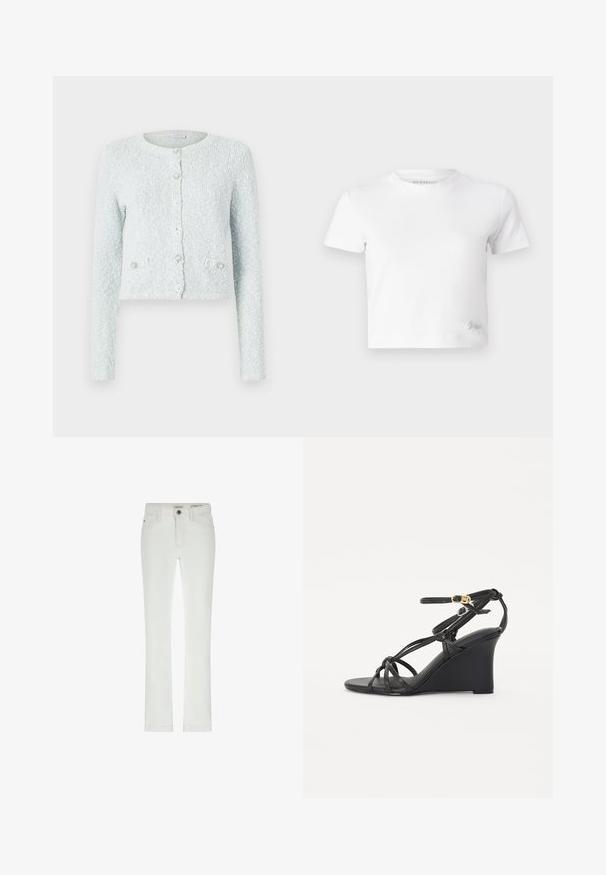 Világoskék, textúrált anyagból készült, rövidített kardigán, hosszú ujjal, kerek nyakkivágással és öt díszes gombbal.; Fehér, rövid szabású, sima pamut póló, magas nyakkivágással és rövid ujjakkal. Kicsi hímzett logó az alsó sarokban.; Fehér, slim fit farmernadrág, 5 zsebes dizájnnal és kontrasztos varrásokkal. Gombbal záródik, és diszkrét márkajelzés található a derékszíjban.; Fekete wedge szandálok vékony, keresztbe futó pántokkal és állítható bokapánttal, arany csattal. Simább bőrfelület.