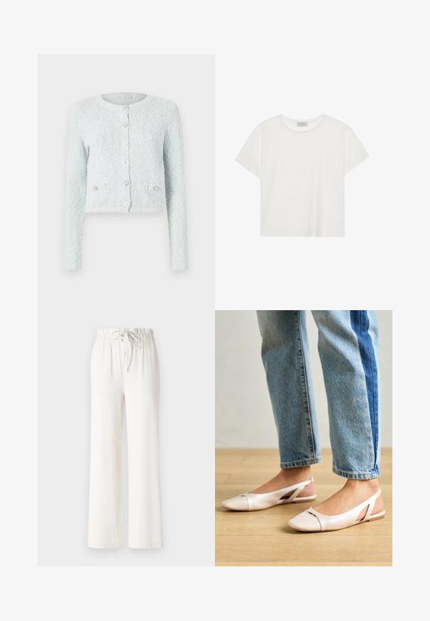 Gaiši zila, īsā kardigāna jaka, izgatavota no teksturēta auduma, ar garām piedurknēm, apaļu kakla izgriezumu un piecām pogām ar dekoratīviem akcentiem.; Balts īsām piedurknēm T-krekls, kas izgatavots no mīksta kokvilnas. Tam ir apaļš izgriezums un brīvs piegriezums. Tīrs dizains bez redzamām rakstiem vai akcentiem.; Baltas platās bikses, izgatavotas no mīkstas auduma, ar punktu jostas vietā un gludu tekstūru. Nav redzami raksti vai rotājumi.; Bālti rozā siksniņu dzīvokļi ar smailu purngalu, izgatavoti no gludas ādas līdzīgās materiāla. Iezīmē izgriezumu detaļas sānos un platu papēdi.