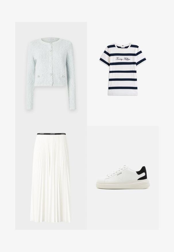 Šviesiai mėlynas trumpas megztinis, pagamintas iš tekstūruotos medžiagos, su ilgomis rankovėmis, apvaliu iškirpimu ir penkiais mygtukais su dekoratyviniais akcentais.; Baltos medvilninės marškinėliai su horizontaliomis tamsiai mėlynomis juostelėmis. Ant krūtinės išsiuvinėtas „Tommy Hilfiger“ rašmuo. Apvalus iškirpimas.; Pleated balta sijonas su juodu elastiniu juosmeniu, ant kurio yra "LACOSTE" logotipas. Vidutinio ilgio dizainas su švelnia tekstūra.; Baltos odinės sportbačiai su storu baltu padu, juodu nubuko kulno akcentu ir iškilmingu logotipu šone. Su raišteliais, turinčiais šešis akinius.