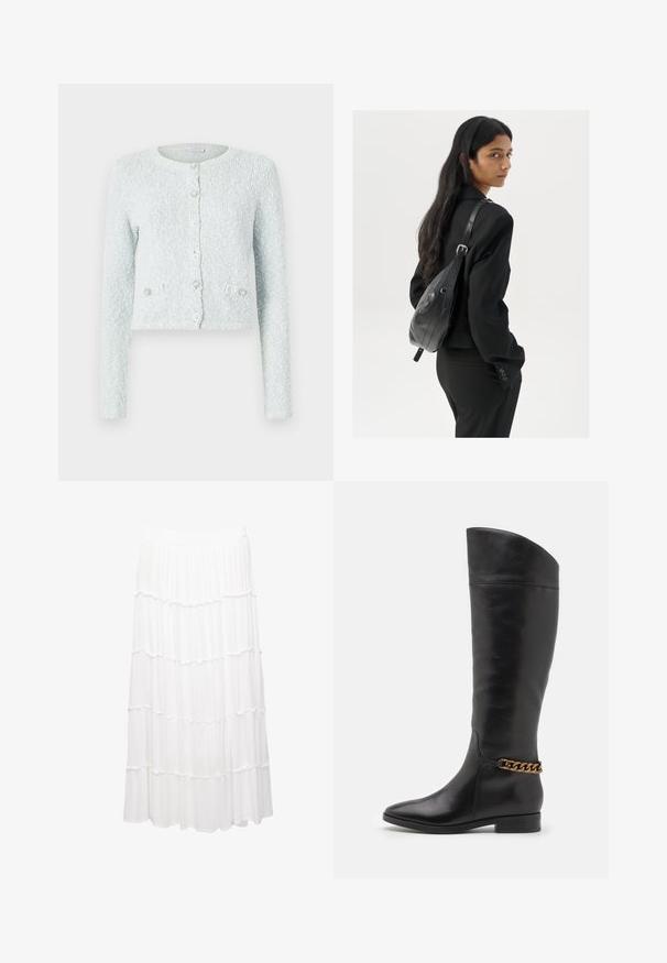 Svijetloplavi skraćeni kardigan napravljen od teksturirane tkanine, s dugim rukavima, okruglim izrezom i pet dugmadi s dekorativnim detaljima.; Bijela majica bez rukava napravljena od rebraste tkanine, s okruglim izrezom i uklapajućim siluetom, s minimalnim šavovima i bez ukrasa.; Bijela suknja s naborima izrađena od laganog materijala, s rastezljivim pojasom, naboranim slojevima i lepršavim dizajnom koji seže do sredine lista.; Visoke crne kožne čizme s elegantnim dizajnom, šiljastim vrhom i zlatnim lančićem oko gležnja. Nizak blok potpetica. Glatka tekstura.; Žena s dugom tamnom kosom koja nosi crno odijelo, drži crnu kožnu torbu preko ramena i gleda unazad na bijeloj pozadini.