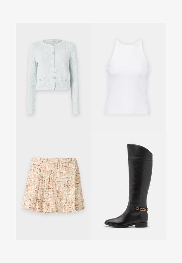 Cardigan corto azzurro chiaro realizzato in tessuto texturizzato, con maniche lunghe, scollatura rotonda e cinque bottoni con accenti decorativi.; Top senza maniche bianco realizzato in tessuto a coste, caratterizzato da un collo arrotondato e una silhouette aderente, con cuciture minime e senza decorazioni.; Gonna corta e plissettata realizzata in tessuto testurizzato in tonalità neutre con sottili puntini di colore. Presenta un bordo frangiato lungo il lato.; Alti stivali in pelle nera dal design elegante, punta affusolata e dettagli in catena dorata alla caviglia. Tacco a blocco basso. Texture liscia.
