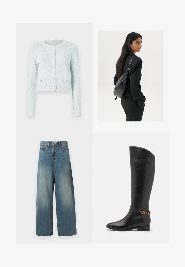 Vaaleansininen lyhyt neuletakki, joka on valmistettu teksturoidusta kankaasta. Siinä on pitkät hihat, pyöreä pääntie ja viisi nappia, joissa on koriste-elementtejä.; Valkoinen hihaton toppi, joka on valmistettu ribbikankaasta, ja jossa on pyöreä pääntie ja tiukka siluetti, minimaalisin saumoin ja ilman koristeita.; Tilavat farkut vaaleansinisessä pesussa. Varustettu vetoketjukiinnityksellä ja nappisuljennalla, sekä huomaamattomalla haalistumisella kuluneen ilmeen saavuttamiseksi.; Pitkiä mustista nahkasaappaista, joissa on tyylikäs muotoilu, terävä kärki ja kultaketjuakseli nilkassa. Matala lohko korko. Sujuva pinta.; Nainen, jolla on pitkä tumma hius, pukeutuneena mustaan pukuun, kantaa mustaa nahkatoimistolaukku ja katsoo yli olkansa valkoista taustaa vasten.