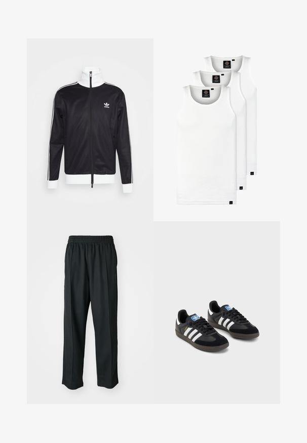 Veste de survêtement noire avec des accents blancs, fermeture éclair complète, col montant, manches longues et logo Adidas sur la poitrine gauche. Texture de tissu lisse.; Trois débardeurs blancs côtelés en coton. Présentent un col rond et de petites étiquettes noires près de l'ourlet. Disponibles en plusieurs tailles.; Pantalons de sport noirs avec une taille élastique, fabriqués en tissu lisse, présentant des coutures latérales discrètes et une coupe décontractée, avec un design à jambes droites.; Des baskets noires avec une tige en suède et en matériaux synthétiques, dotées de trois rayures blanches, d'une semelle en caoutchouc texturé et d'une étiquette de logo bleue sur la languette.