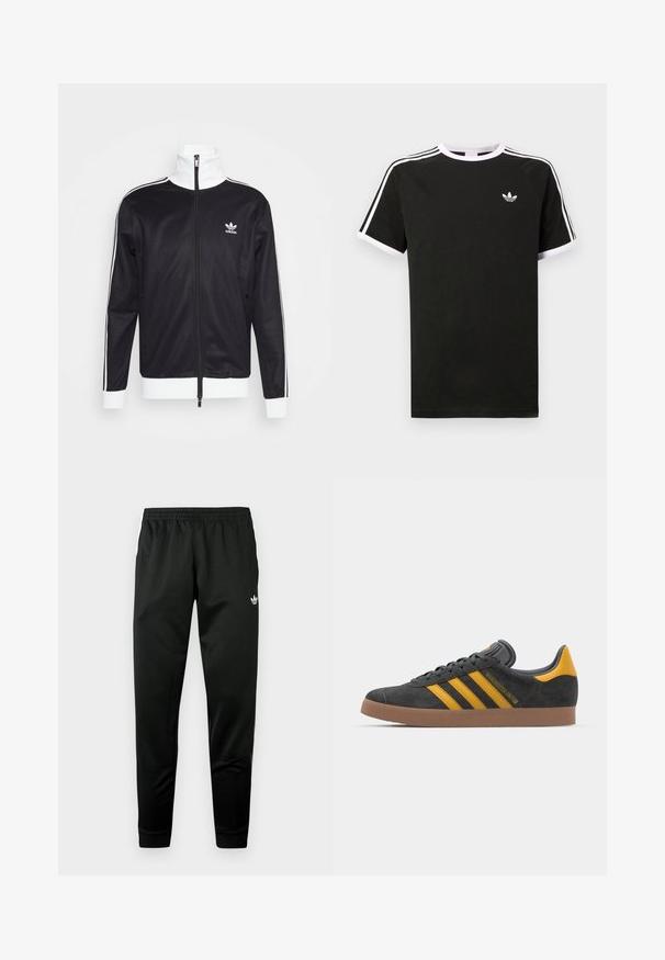 Juoda treniruočių striukė su baltais akcentais, pilnai užtraukiama, aukšta apykakle, ilgomis rankovėmis ir Adidas logotipu kairiajame krūtinės šone. Lygus audinio paviršius.; Juodas medvilninis marškinėlis su baltais akcentais. Yra trumpomis rankovėmis, raglano stiliaus, ir mažas logo ant krūtinės. Ant pečių yra trys balti dryžiai.; Juodos sportinės kelnės su elastine juosmens juosta, siaurėjančiomis kojų dalimis ir baltais logotipo akcentais priekyje. Lygus, lengvas audinys.; Juodas zomšinės sportbačiai su geltonais akcentais, turintys tris juosteles ir rudą gumos padą. Apima paminkštintą liežuvėlį patogumui.