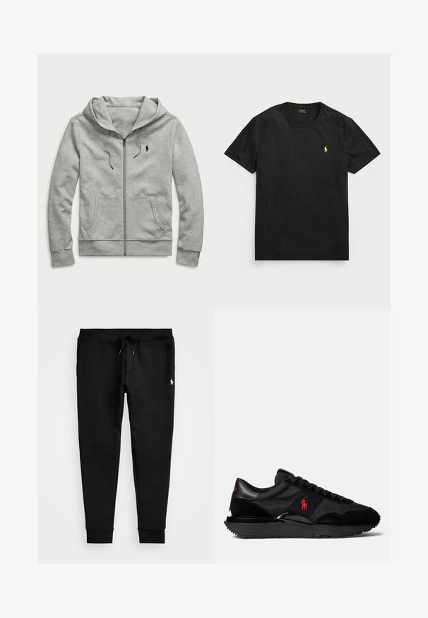 Svetlo siva zip-up kapuca, s prednjim džepom, vezicama i malim crnim logotipom na grudima. Napravljena od mekog, teksturiranog materijala.; Črna kratka majica s kratkimi rokavi iz bombaža z okroglim izrezom, ki ima majhen zlat logotip polo na levi strani prsnega koša.; Črne trenirke iz mehkega blaga, opremljene z vrvico v pasu, prilegajočimi se manšetami in majhnim belim logotipom na levi nogi.; Črne športne superge, ki so narejene iz kombinacije usnja in tekstilnih materialov. Opazen rdeč logo in teksturiran gumijast podplat.