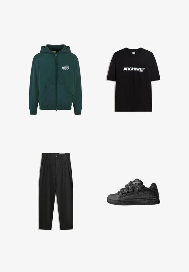 Donkergroene ritshoodie van katoen, met een voorzak en capuchon, voorzien van de opdruk "ANOTHER COTTON LAB" in het wit op de linkerborst.; Zwarte katoen T-shirt met een witte "ARCHIVE inc." logo over de borst, korte mouwen en een ronde hals.; Zwarte katoenen broeken met een losse pasvorm, voorzien van een klassieke tailleband, voorplooien en zijzakken. Gladde structuur zonder patronen.; Zwarte sneakers met een glad leren bovenwerk, gearceerde accenten en ronde zwart-witte veters. Dikke rubberen zool met een geprofileerd loopvlak.