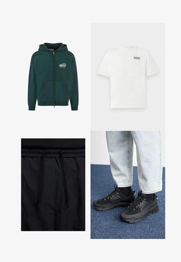 Sötétzöld cipzáros kapucnis pulóver, pamut anyagból készült, elülső zsebbel és kapucnival rendelkezik, a bal mellrészen fehér "ANOTHER COTTON LAB" felirattal.; Fehér pamut póló, melyen kék hímzett "Timberland Rugged Active Gear" logó található a bal felső mellen. Rövid ujjú és kerek nyakkivágású.; Fekete rövidnadrág, húzózsinórral ellátott derékrésszel, könnyű anyagból, sima felszínen, egyszerű dizájnnal, látható logók vagy minták nélkül.; Fekete sportcipők texturált anyaggal és gumitalppal, elasztikus fűzőkkel és kék kiegészítővel a saroknál. Világos farmernadrággal viselve.