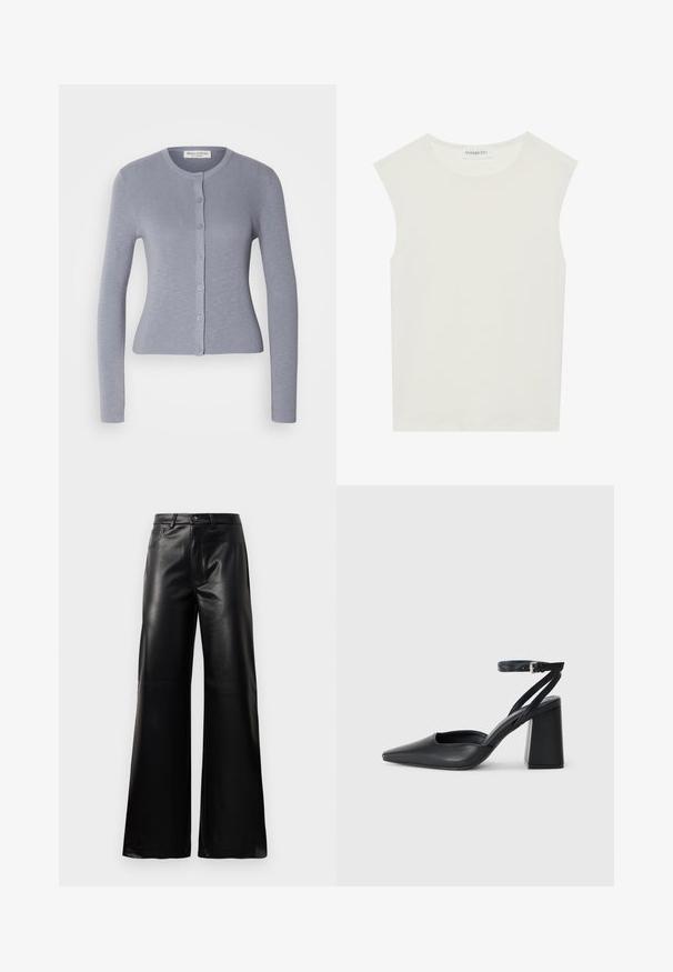 Γκρι πλεκτό καρφάκι με μακριά μανίκια, στρογγυλή λαιμόκοψη και κλείσιμο με κουμπιά. Ομοιόμορφη υφή και σχήμα, με ταιριαστά κουμπιά κατά μήκος του μπροστινού μέρους.; Λευκή αμάνικη μπλούζα με στρογγυλή λαιμόκοψη. Φτιαγμένη από απαλό ύφασμα, διαθέτει χαλαρή εφαρμογή και μινιμαλιστικό σχέδιο. Χωρίς μοτίβα ή αξεσουάρ.; Μαύρες παντελόνες ψηλής μέσης, φαρδιές, από τεχνικό δέρμα με μπροστινό κουμπί, φερμουάρ, θηλιές ζώνης και πλαϊνές τσέπες σε λευκό φόντο.; Μαύρο δερμάτινο ψηλοτάκουνο παπούτσι με οξύ μυτερό τόξο, λουράκι στον αστράγαλο και χοντρό τακούνι. Λείος υφασματισμός, κομψός σχεδιασμός και μινιμαλιστική αισθητική.