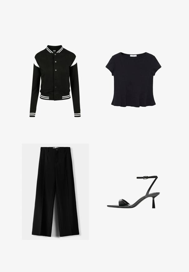 Black varsity jacket with white accents, ribbed cuffs and hem, button closure, two side pockets, made from soft fabric. Classic sports design.; Black short-sleeve top made of soft fabric, featuring a rounded neckline and a flared hem with subtle seam detailing.; Black wide-leg trousers made of lightweight fabric, featuring a front button closure and flat front, with neatly stitched hems.; Bershka High heeled sandals - black